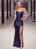 Vestidos de fiesta largos y sexis de sirena con escote en V, lentejuelas y abertura.