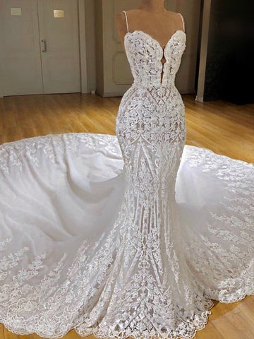 Vestido de novia largo y sexy de sirena con escote en V, tirantes finos, apliques de encaje y corte sirena