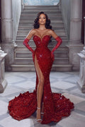 Vestido de noche largo sexy de sirena con lentejuelas, escote en V, sin mangas y abertura con purpurina roja