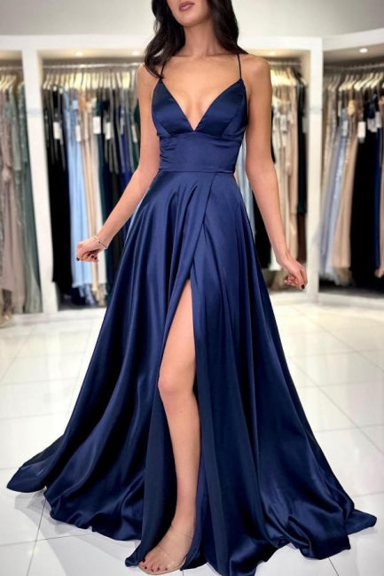 Robe de bal sexy longue et simple bleu marine à bretelles spaghetti avec fente