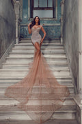 Robe de bal sirène sexy en tulle à manches longues et paillettes avec traîne