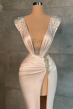 Robe de bal sirène sexy longue à col en V fendue sur le devant et ornée de strass