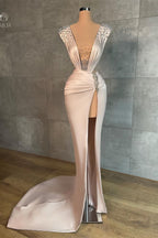 Robe de bal sirène sexy longue à col en V fendue sur le devant et ornée de strass