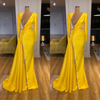 Robe de bal longue jaune sexy à sequins, col en V et fente, manches longues
