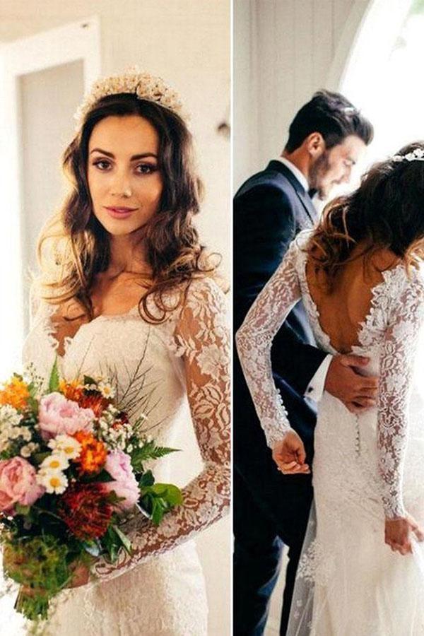 Vestido de novia de encaje blanco de manga larga estilo sirena sexy WD120