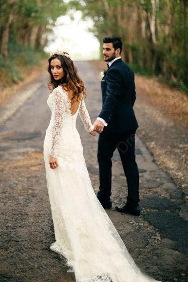 Vestido de novia de encaje blanco de manga larga estilo sirena sexy WD120