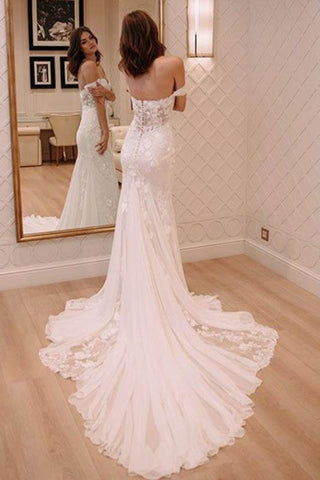 Sexy Off Shoulder Appliqued Beach with Court Train Ivory Elegant Wedding Dresses