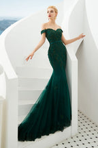 Sexy Off the Shoulder Mermaid Evening Party Gown Backless Tulle Prom Dress