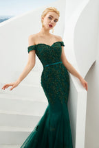 Sexy Off the Shoulder Mermaid Evening Party Gown Backless Tulle Prom Dress