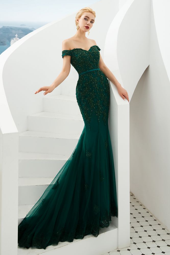 Sexy Off the Shoulder Mermaid Evening Party Gown Backless Tulle Prom Dress