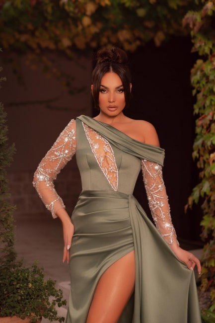 Robe de soirée longue et sexy à une épaule et manches longues, avec perles
