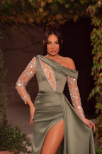 Robe de soirée longue et sexy à une épaule et manches longues, avec perles