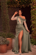 Robe de soirée longue et sexy à une épaule et manches longues, avec perles