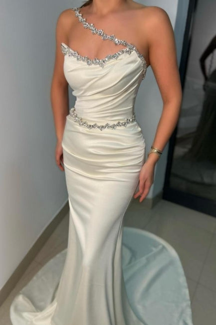 Robes de bal blanches longues sirène sexy à une épaule et sans manches