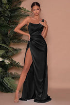 Vestido largo de fiesta sexy con un solo hombro y abertura lateral, con detalles de satén.