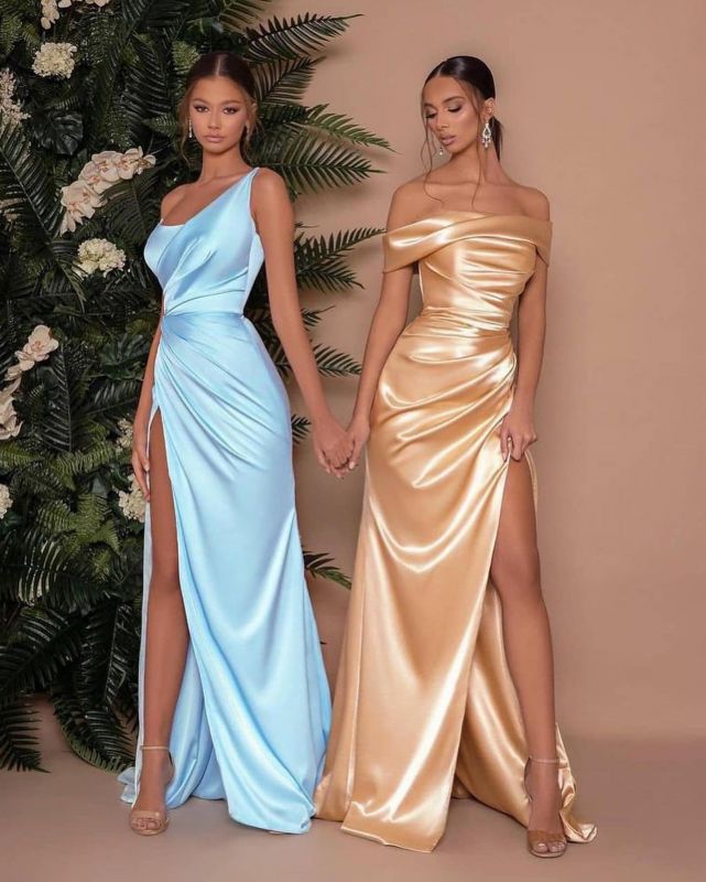 Vestido largo de fiesta sexy con un solo hombro y abertura lateral, con detalles de satén.