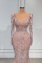 Robe de bal sirène sexy rose à col en V et manches longues en dentelle