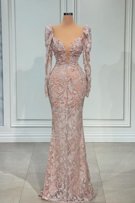 Robe de bal sirène sexy rose à col en V et manches longues en dentelle