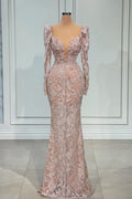 Robe de bal sirène sexy rose à col en V et manches longues en dentelle