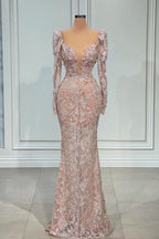 Robe de bal sirène sexy rose à col en V et manches longues en dentelle