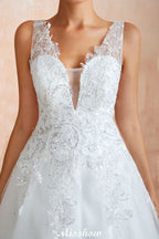 Vestido de novia sexy con escote en V y encaje transparente, corte A.