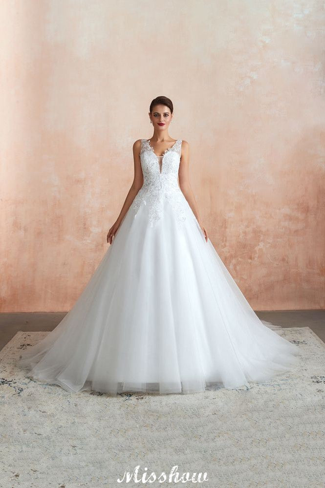 Vestido de novia sexy con escote en V y encaje transparente, corte A.
