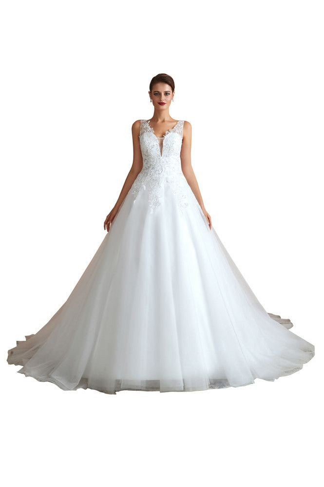 Vestido de novia sexy con escote en V y encaje transparente, corte A.
