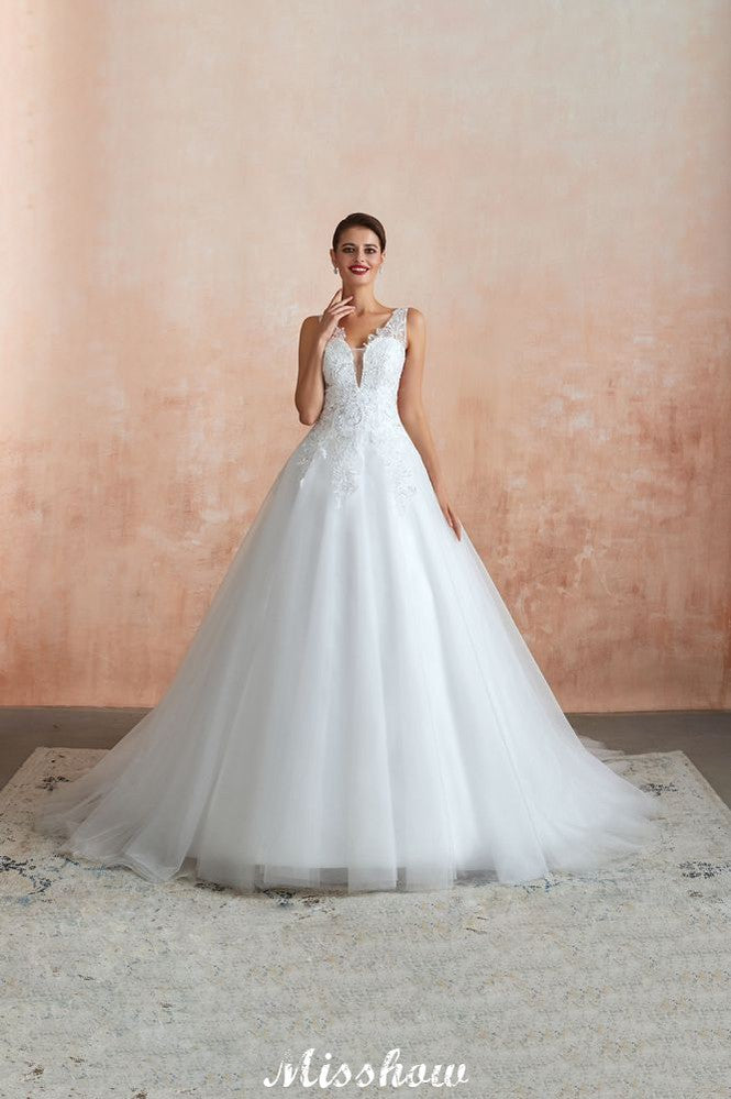 Vestido de novia sexy con escote en V y encaje transparente, corte A.