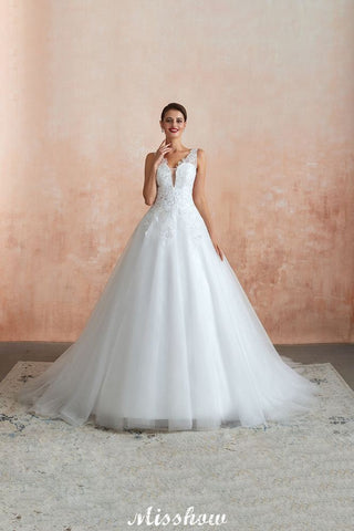 Sexy Pluging V-Neck Wedding Dress Sheer Lace Aline Bridal Gown