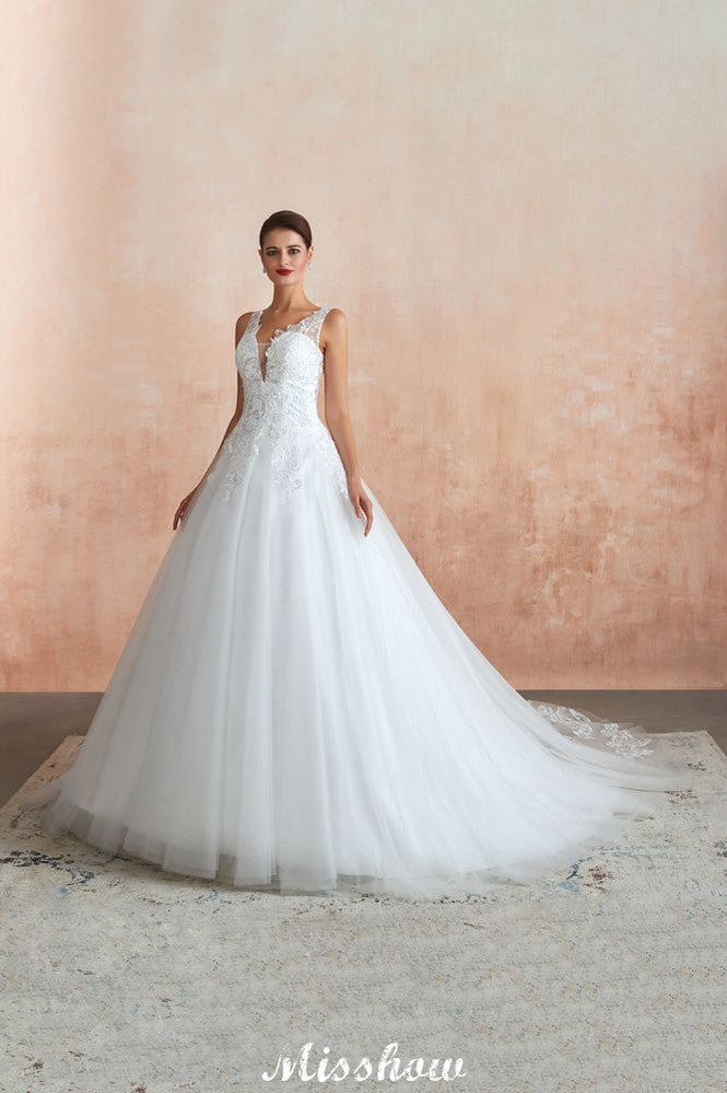 Vestido de novia sexy con escote en V y encaje transparente, corte A.