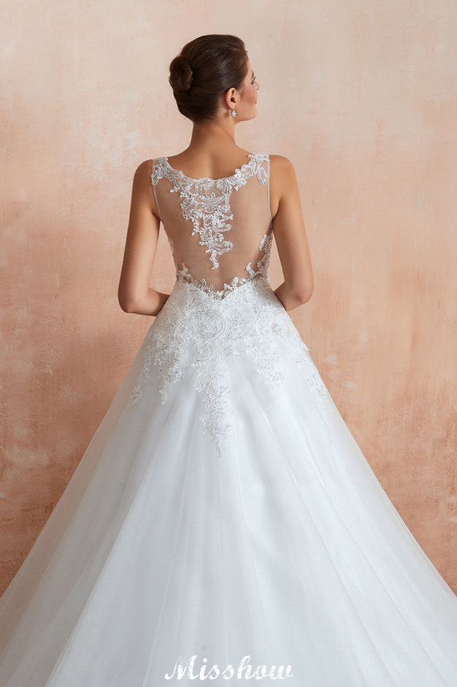 Vestido de novia sexy con escote en V y encaje transparente, corte A.