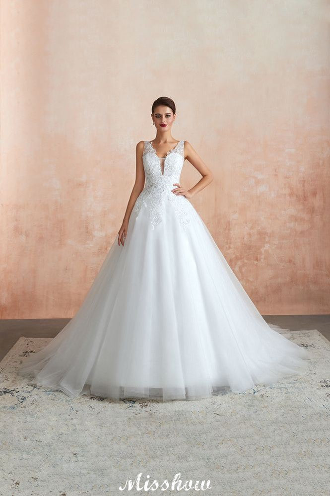 Vestido de novia sexy con escote en V y encaje transparente, corte A.