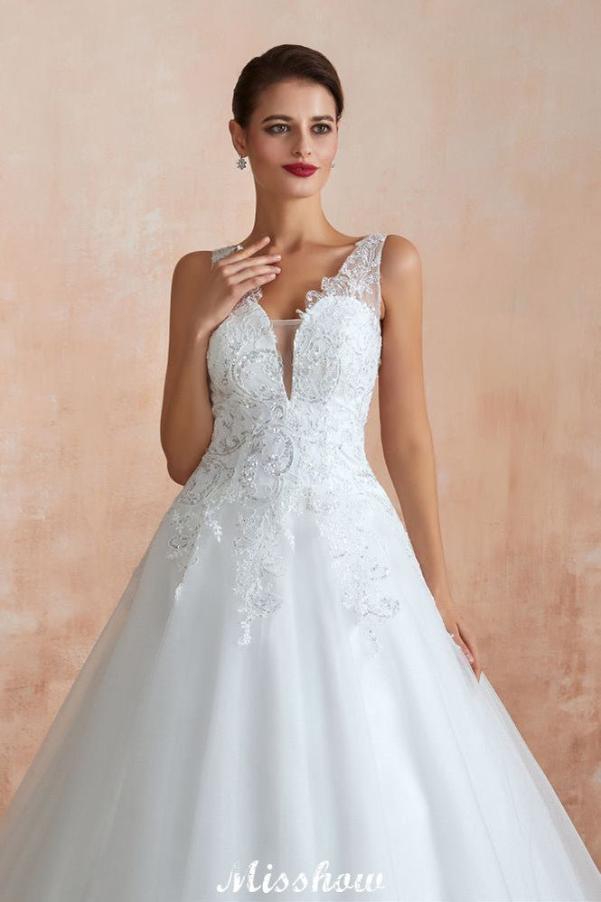 Vestido de novia sexy con escote en V y encaje transparente, corte A.