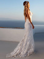 Robes de mariée sirène élégantes et sexy, blanches, dos nu en dentelle, col en V