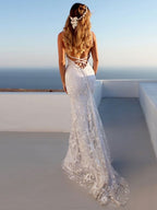 Robes de mariée sirène élégantes et sexy, blanches, dos nu en dentelle, col en V