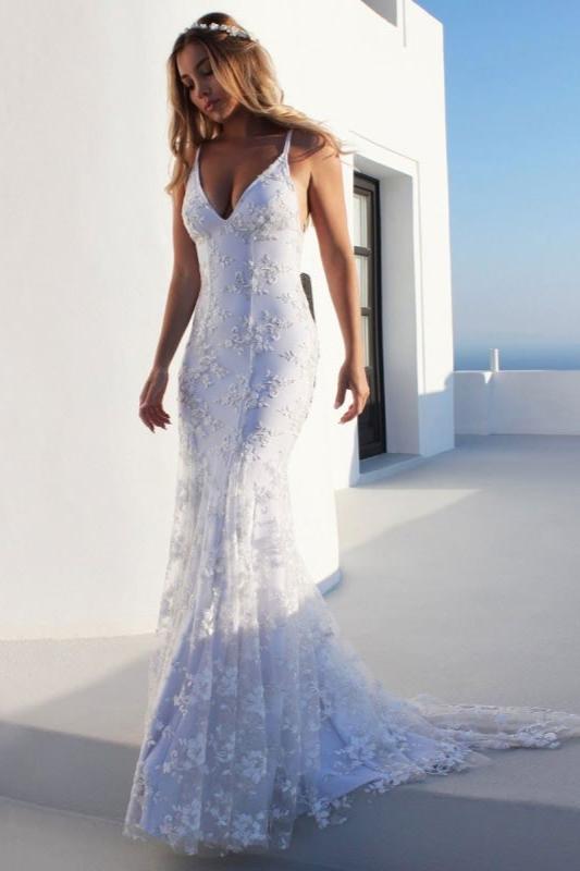 Robes de mariée sirène élégantes et sexy, blanches, dos nu en dentelle, col en V