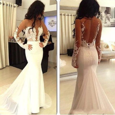 Vestidos de novia elegantes, sexys y bonitos de sirena, con espalda descubierta y manga larga 