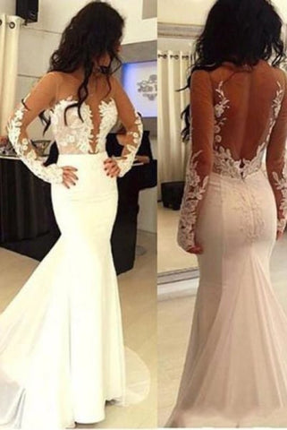 Vestidos de novia elegantes, sexys y bonitos de sirena, con espalda descubierta y manga larga 