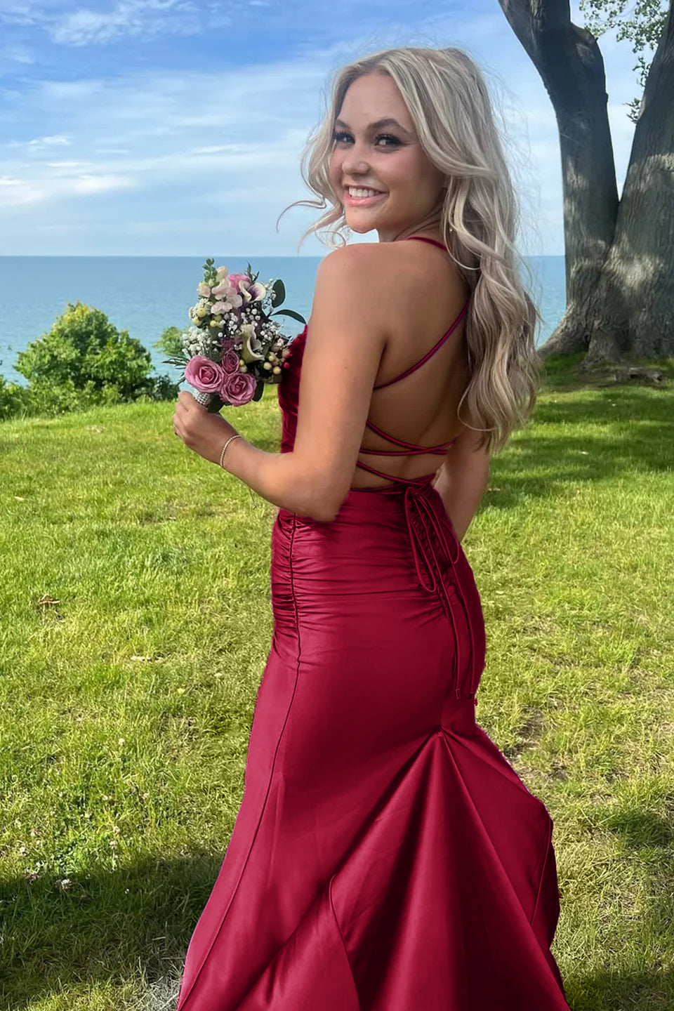 Sarai |Mermaid V-Neck Jersey Formal Dress with Lace-Up Back