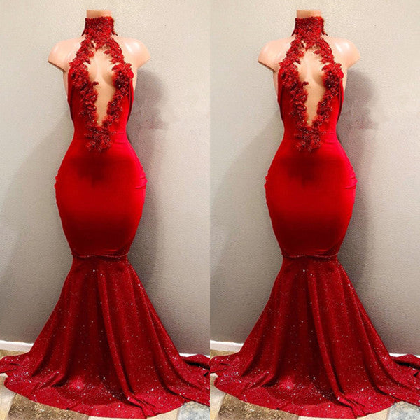 Vestido de sirena rojo sexy de cuello alto para baile de graduación 