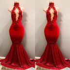 Vestido de sirena rojo sexy de cuello alto para baile de graduación 