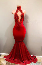 Vestido de sirena rojo sexy de cuello alto para baile de graduación 