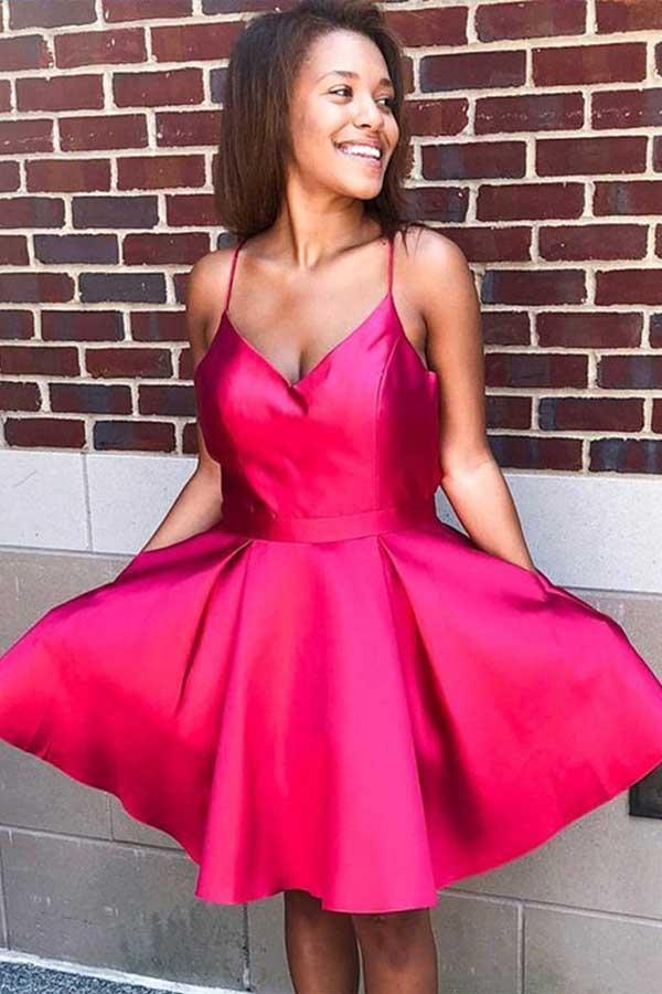 Robe de soirée courte rouge sexy à fines bretelles et coupe trapèze PD153