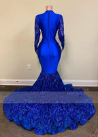 Vestidos de fiesta largos de sirena azul real, sexis, con escote en V y mangas.
