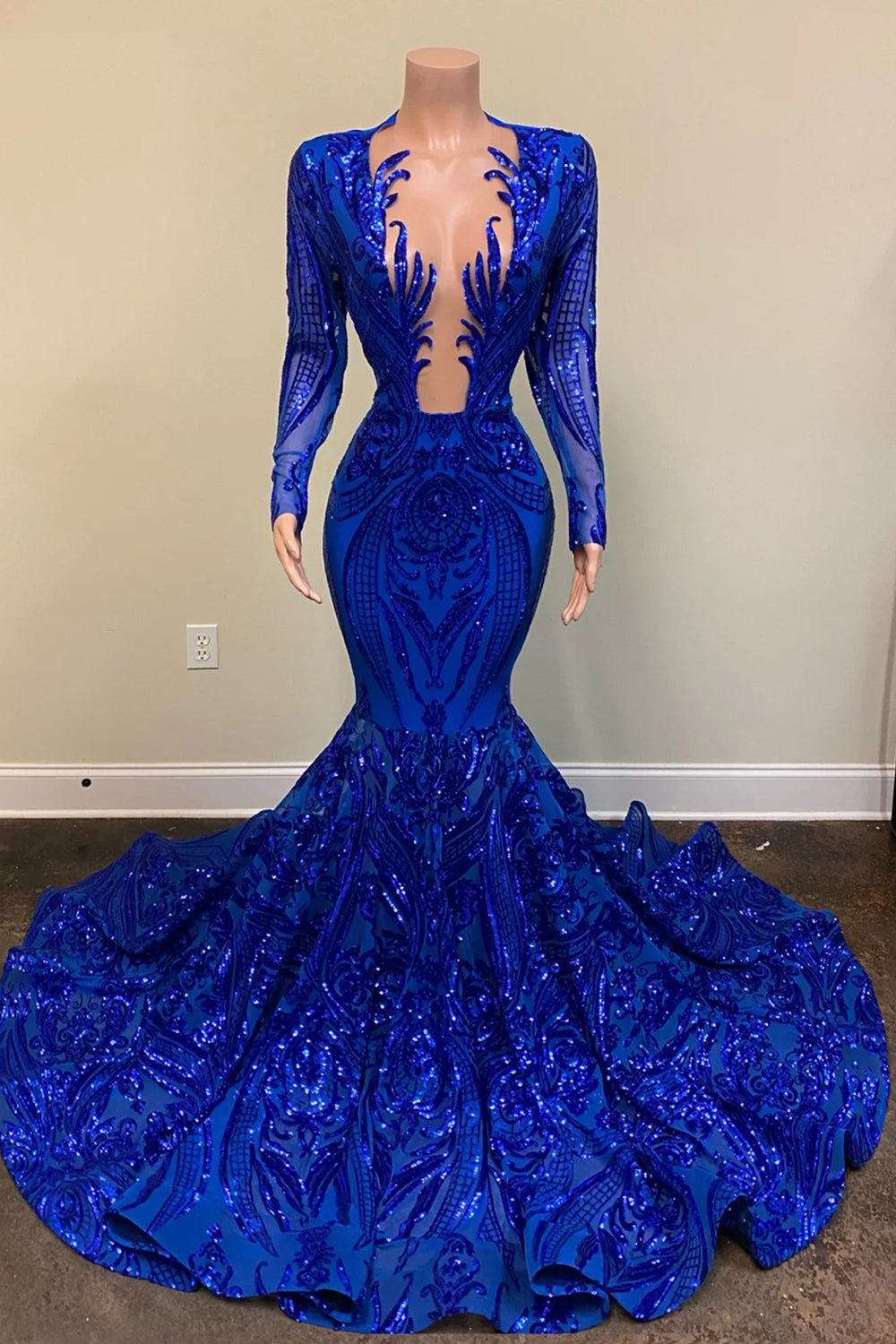 Vestidos de fiesta largos de sirena azul real, sexis, con escote en V y mangas.