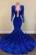 Vestidos de fiesta largos de sirena azul real, sexis, con escote en V y mangas.