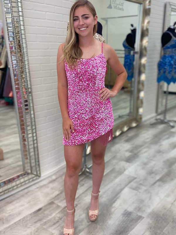 Vestidos cortos de fiesta de bienvenida, sexis, azul real, con tirantes finos, lentejuelas y sin mangas
