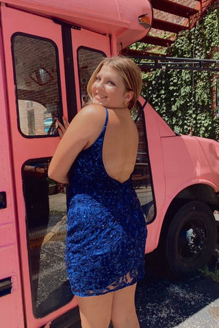 Sexy Royal Blue V-neck Spaghetti Straps Sleeveless Short Homecoming Dresses