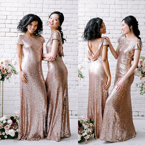 Vestidos de dama de honor sexys con lentejuelas, vestidos largos de invitada de boda en oro rosa