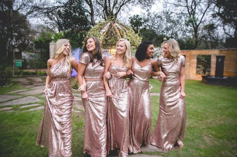 Vestidos de dama de honor sexys con lentejuelas, vestidos largos de invitada de boda en oro rosa